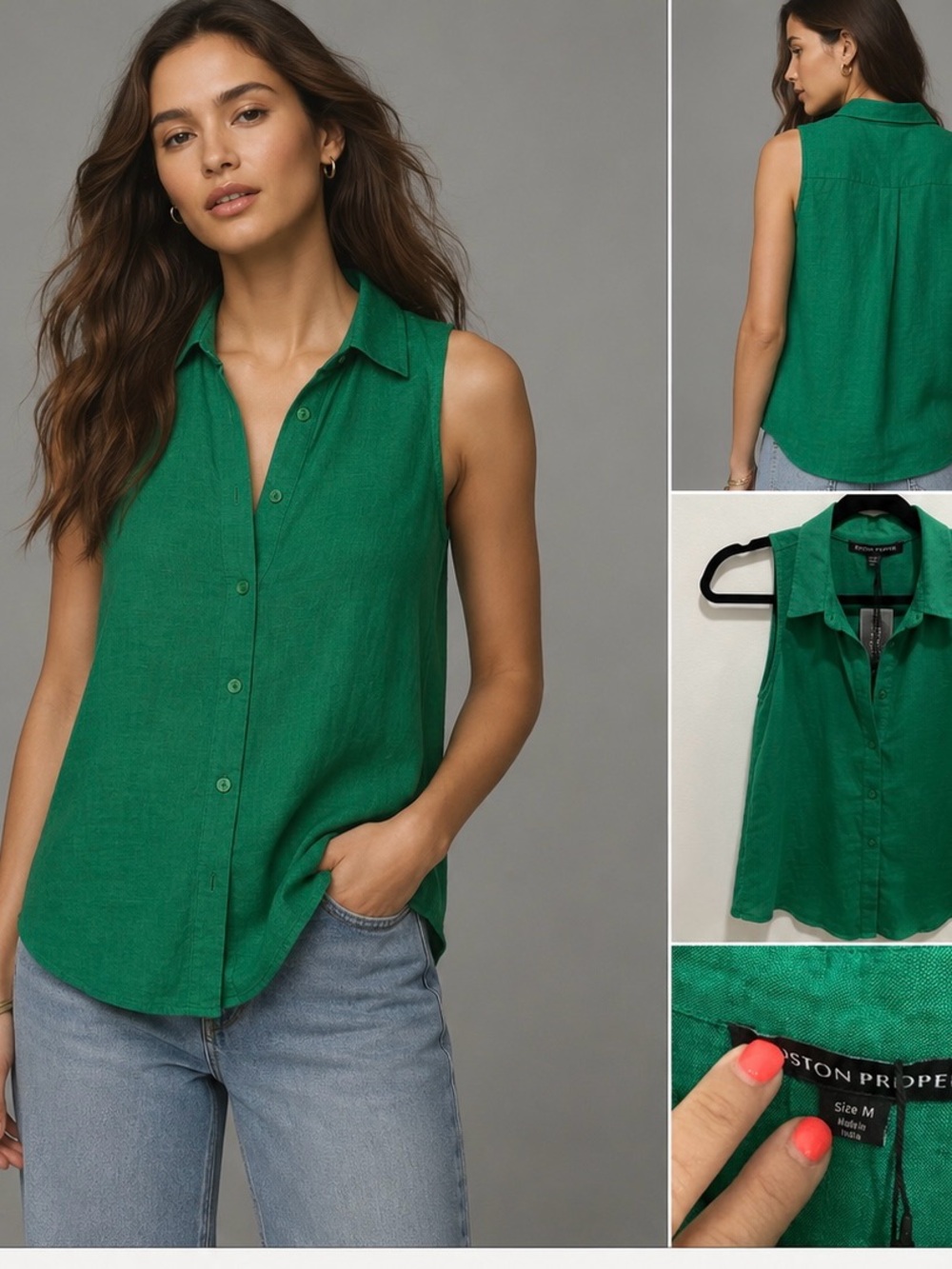 Boston Proper Sleeveless Button-Up Top - Emerald Green